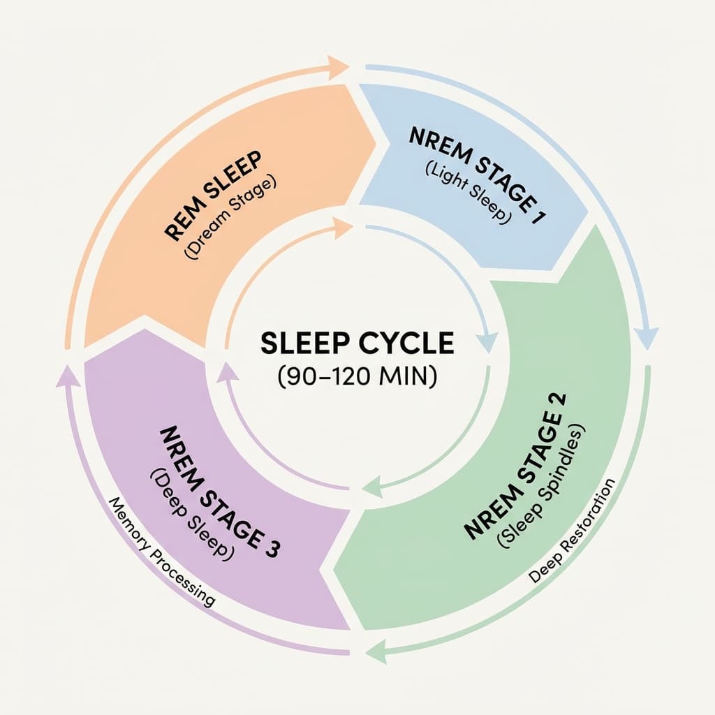 Infographic of human sleep cycles showing NREM and REM stages